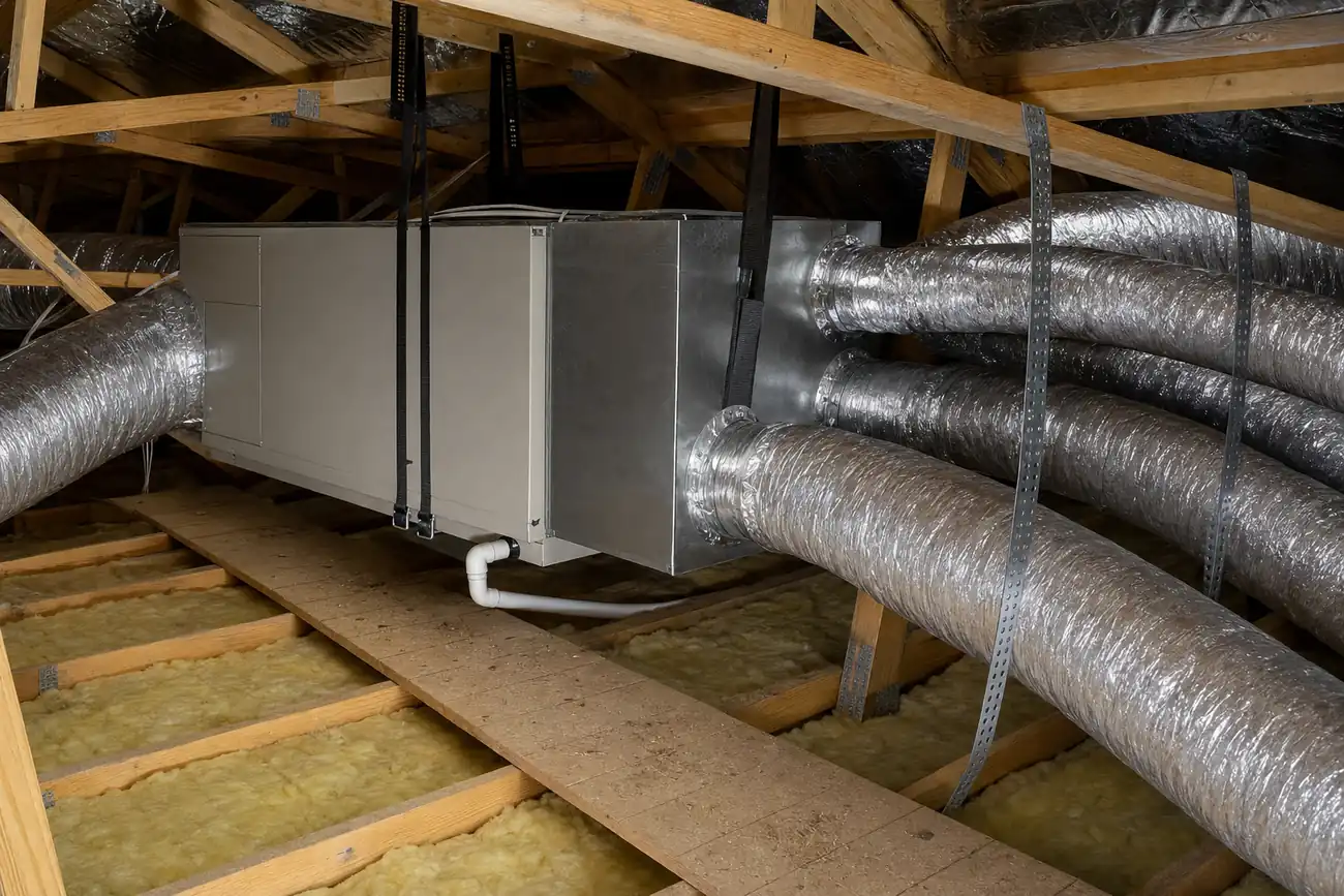 Insulated flexible ducting runs connected to a ducted air handler unit inside a home roof cavity