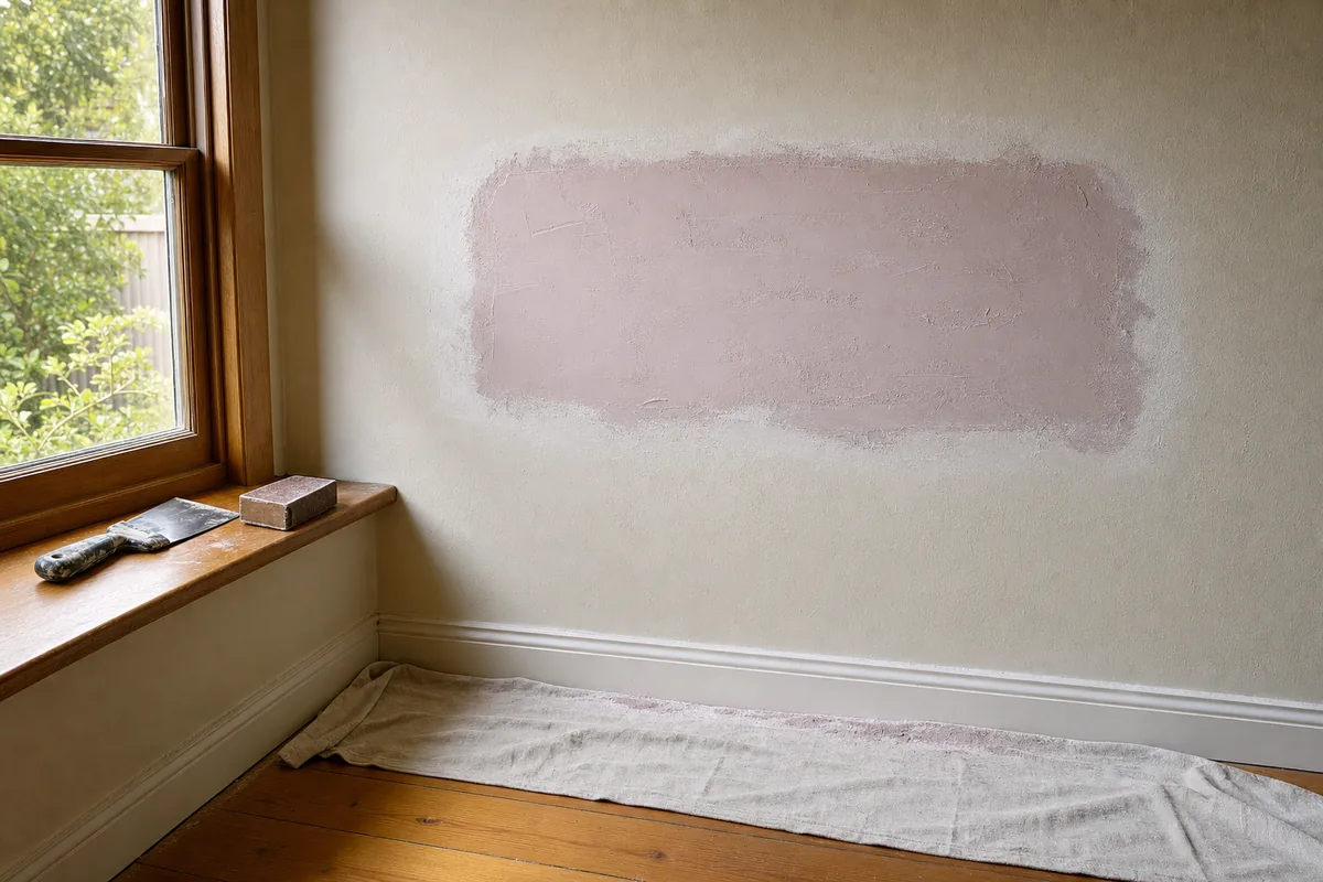 Wall filled and part-sanded where an old wall unit was removed, filling knife and sanding block on the sill