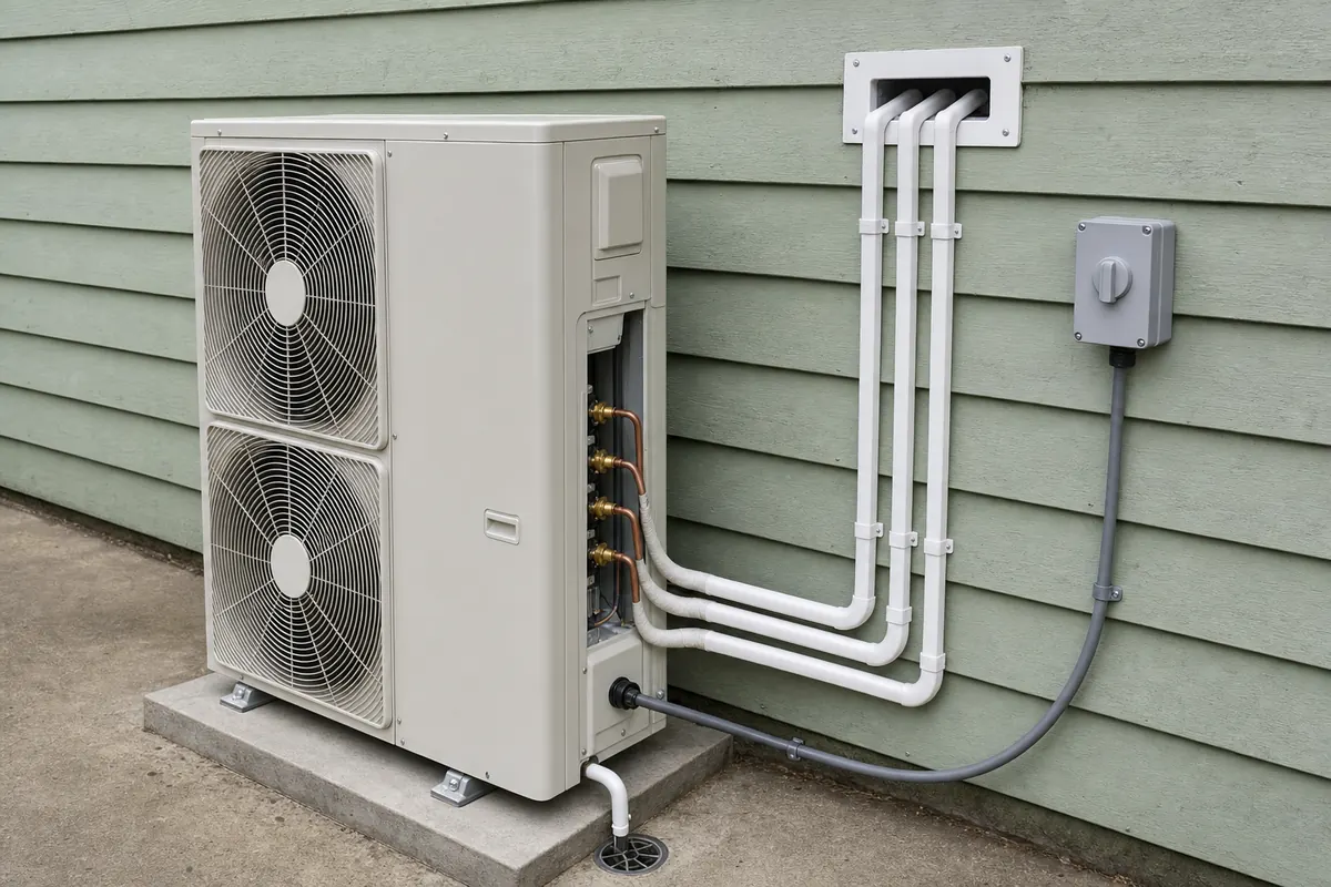 One outdoor condenser with three insulated line sets clipped neatly up a weatherboard wall