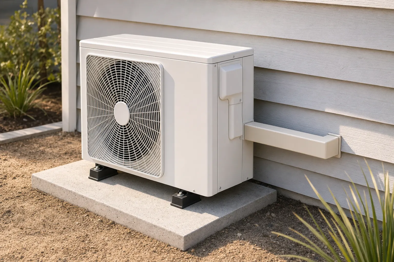 Outdoor split-system condenser on a concrete slab with a covered line set